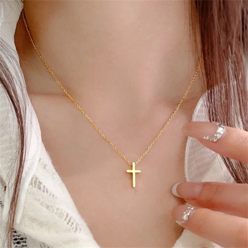 Religious Small Jesus Cross Pendants Female Gold Silver Color Stainless Steel Christian Necklace For Women Fashion Jewelry Gift